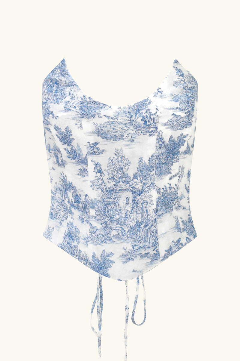 Blue Renaissance Print Corset Detail Top & Mini Skirt Co-ord Set